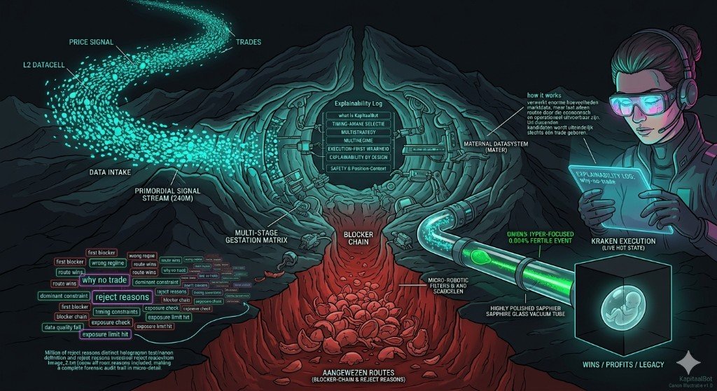 Infographic: from raw market data through filters, a blocker chain, and explainability to rare execution opportunities.
